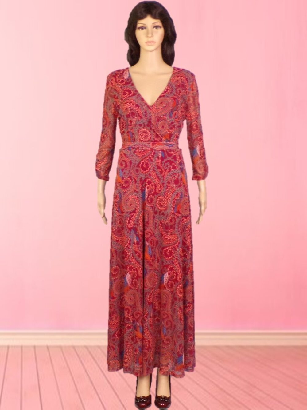 HARLOW & ROSE size M orange/burgundy/blue/buff LS maxi dress botanical pattern